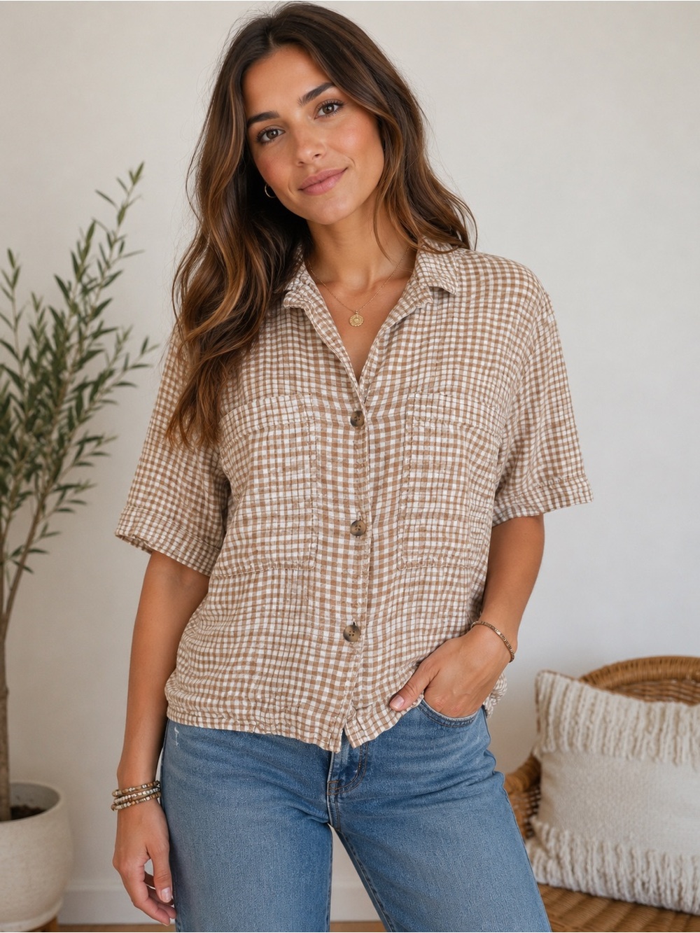 Everlane Cropped Short-Sleeve Camp Shirt in Tan Gingham Plaid Coastal Minimalist